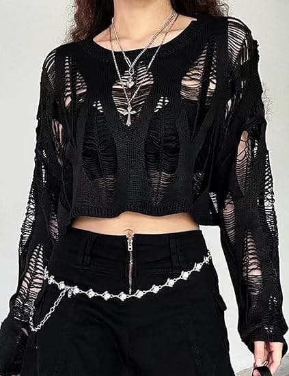 Women's See Through Hole Ripped Crop Tops Knit Pullover Short