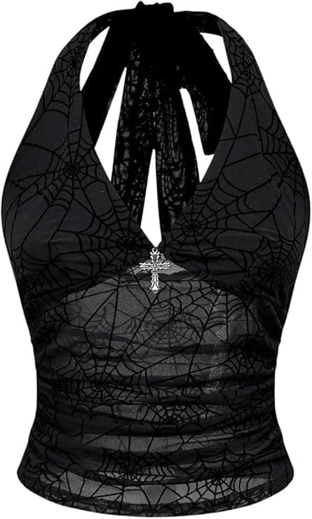 QJQ Women's Y2k Gothic Halter Top Mesh Sheer Backless V Neck