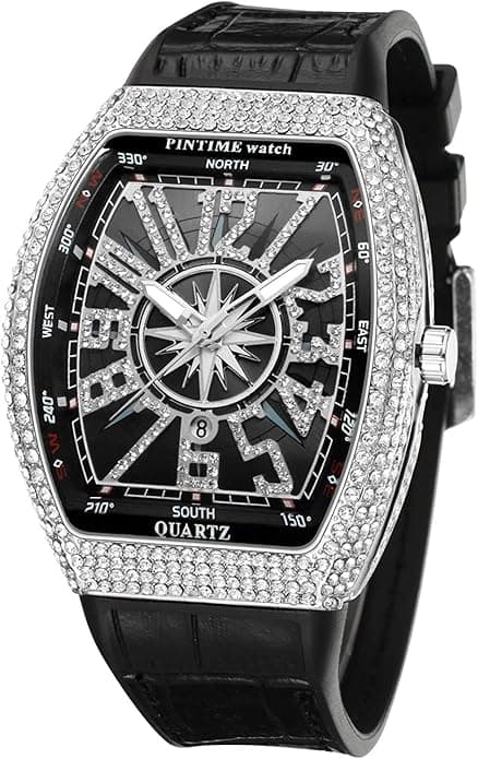 FANMIS Mens Skull Big Face Rectangle Punk Diamond Dial Leather Watch