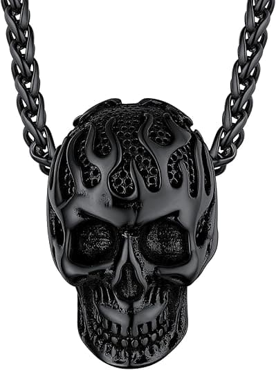 ChainsHouse Gothic Retro Flame Skull Black Stainless Steel Pendant
