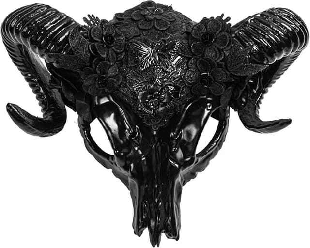 ILOVEMASKS Black Flower Ram Skull Mask with Wendigo Krampus Horns